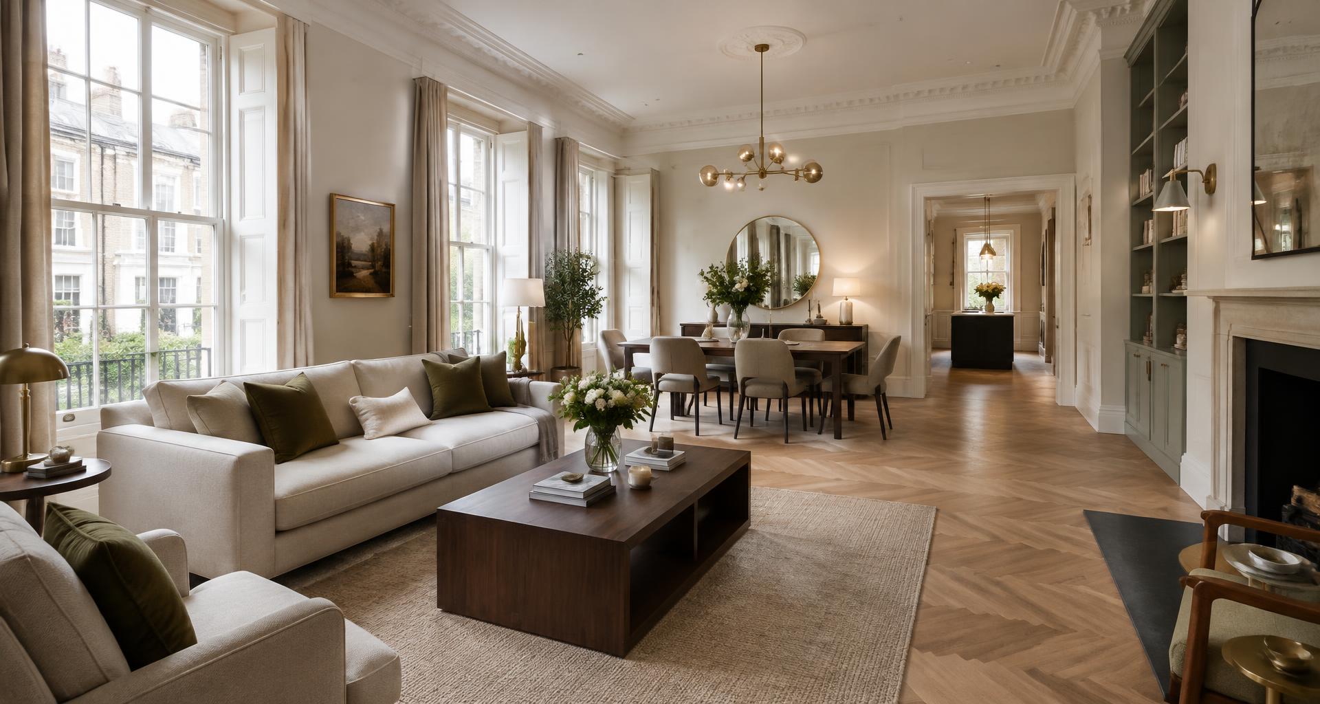 Bright boutique apartment with linen sofas, a dining table and tall Georgian windows