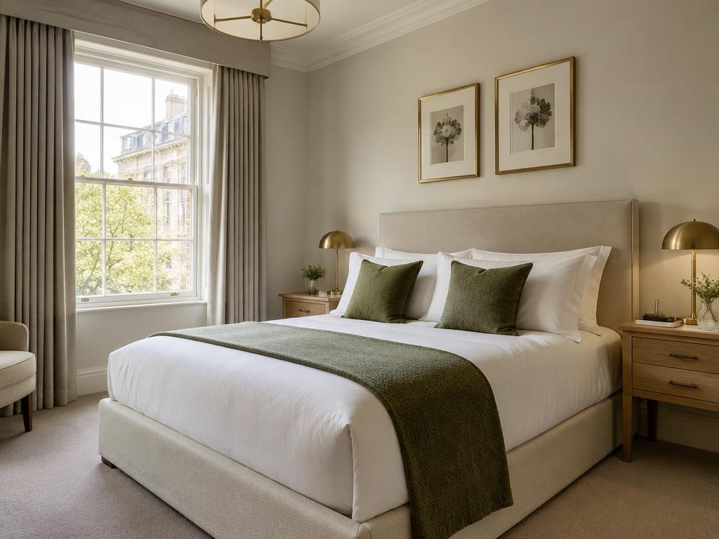 Calm, comfortable serviced apartment bedroom for relocations guests
